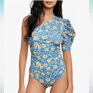 FREE PEOPLE Somethin Bout You Thong Bodysuit Cornflower Blue Floral